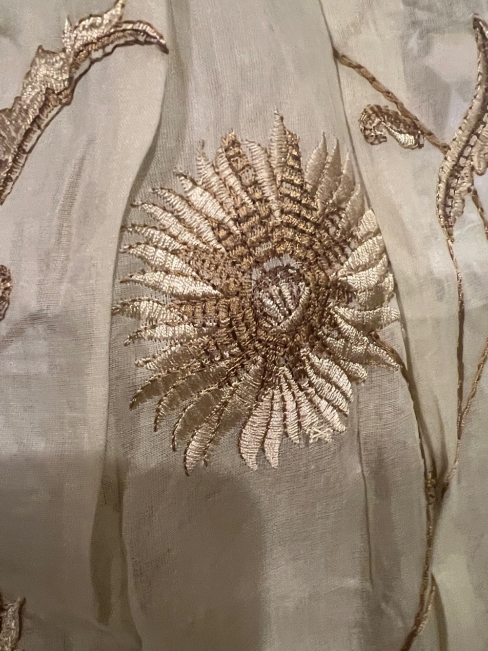 Custom Inverted box pleat Embroidered Ivory Drapery with Gold Floral Detail